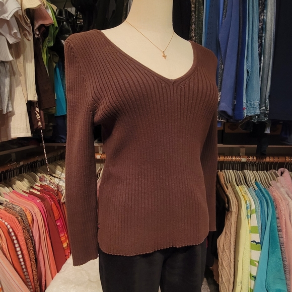 RALPH LAUREN ♡ Gorgeous Vintage Brown V Neck 'n Back Wide Ribbed Knit Sweater S - Picture 3 of 15